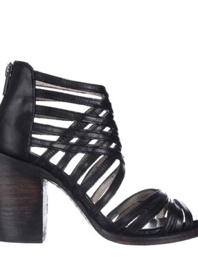 Freebird by Steven Wing Black Leather Strappy Sandals Caged Heel Boho Size 7